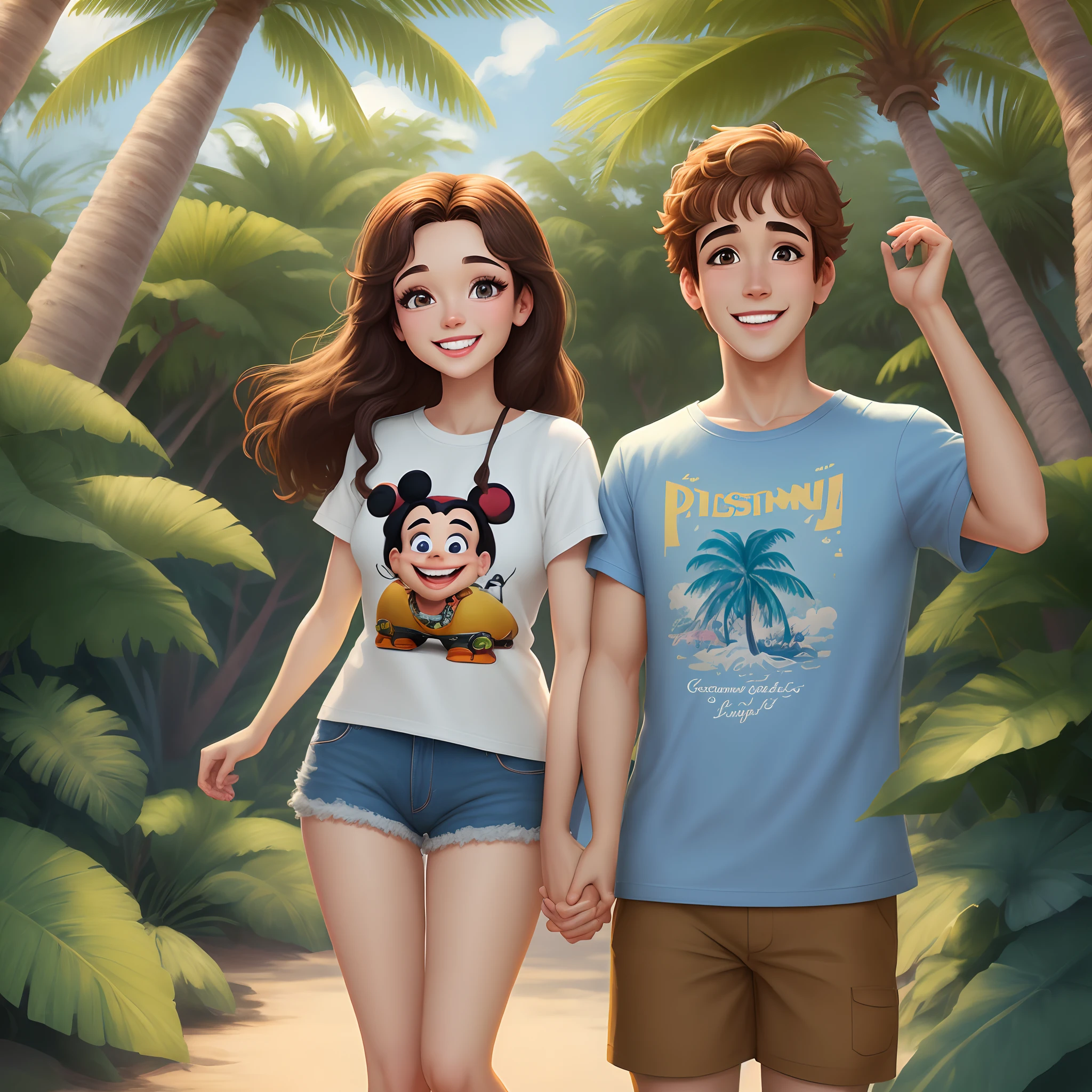 Em estilo Disney pixar. Uma casal sorrindo, She's shorter with brown eyes, cabelo comprido liso castanho, casaca de ganga. Ele tem olhos castanhos, cabelo e barba curta e t-shirt azul. Background with tropical trees
