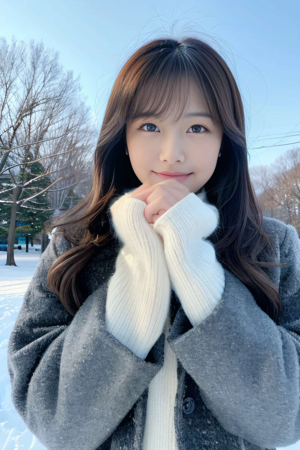 ((The woman I love、The woman I love))、Perfect appearance、Appearance:1.3、(masterpiece,high-level image quality,hightquality)、Beautiful realistic Japan person、爆乳、Clear department、Beautiful poses、Someone's love will kill you、Lovely love、Winter coat、Gloved hands、Big snowman on the ground、snowscape、natural、Winters、