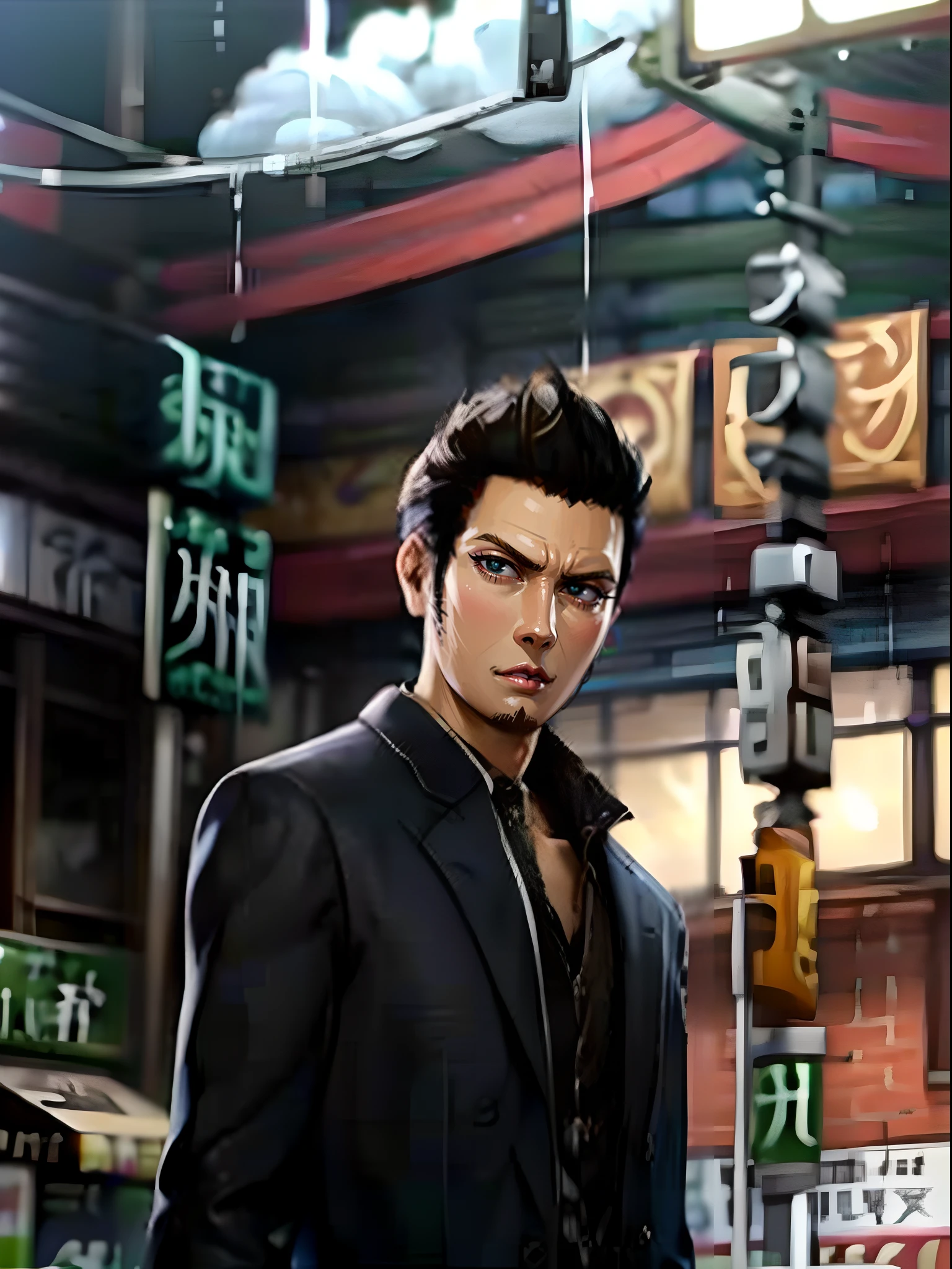 1boy, Kiryu Kazama, walking, kamurocho background, night life, night city