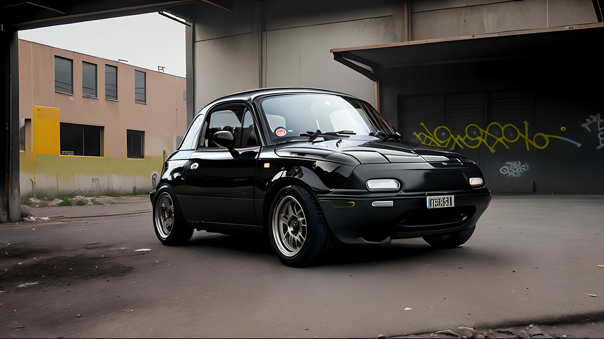 Fiat 500 sport air black in a large garage with special lighting and graffiti in the background