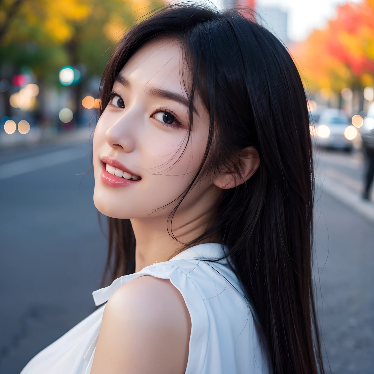 (Best quality,16k,A high resolution,Masterpiece:1.2),Ultra-detailed,(Realistic,Photorealistic,photo-realistic:1.37),Korean fashion beauty,Japanese and Korean beauties,cute and innocent,Detailed eyes and face,beautiful detailed lips,Long eyelashes,slimification,fashionable, big smile with teeth, (Lovely,Charming:1.1), falling leaves, autumn street background,Stylish clothes and accessories, Vivid colors, Fading lights