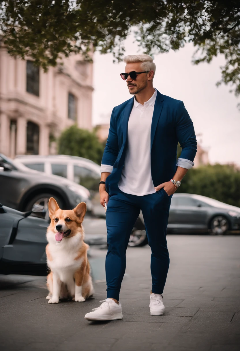 A full-length man, 25 years, dyed platinum blonde hair, very handsome, he is wearing a white top, dark blue sports pants and Adidas sneakers and sunglasses. Next to him is a Corgi Kardigan dog in gray white colour with a pink collar. And next to him is a red cat with a pink collar. Nearby is a blue Tesla car