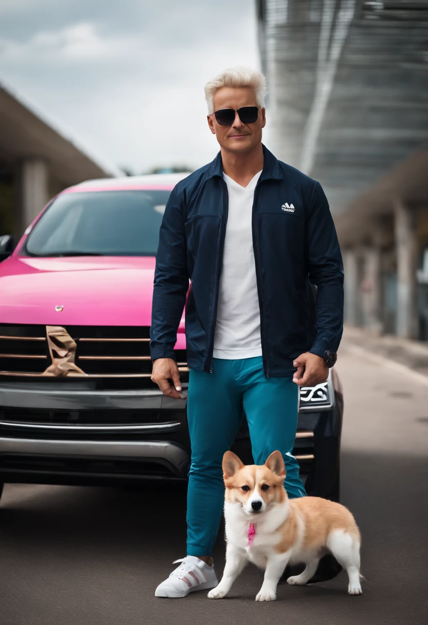 A full-length man, 25 years, dyed platinum blonde hair, very handsome, he is wearing a white top, dark blue sports pants and Adidas sneakers and sunglasses. Next to him is a Corgi Kardigan dog in gray white colour with a pink collar. And next to him is a red cat with a pink collar. Nearby is a blue Tesla car