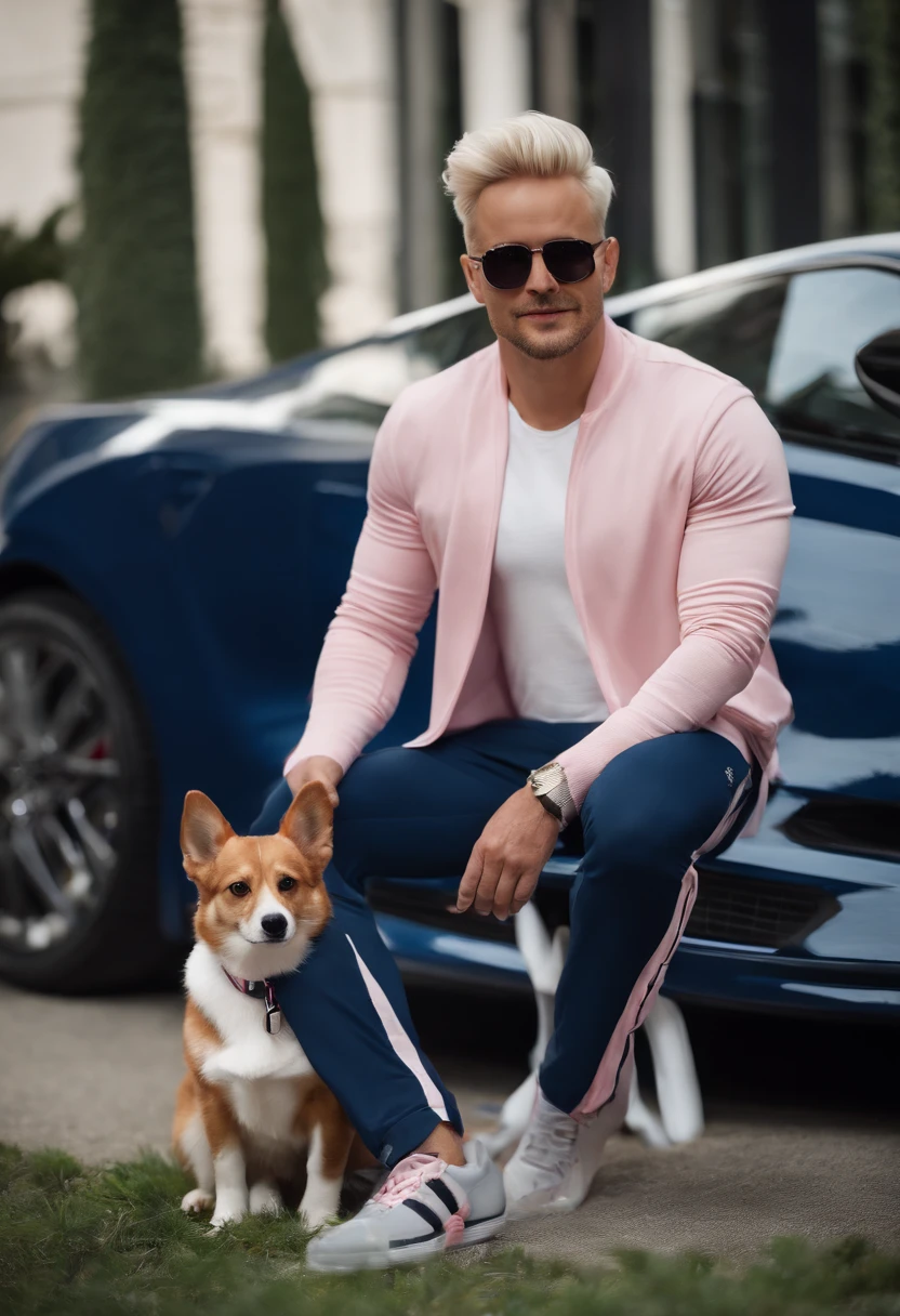 A full-length man, 25 years, dyed platinum blonde hair, very handsome, he is wearing a white top, dark blue sports pants and Adidas sneakers and sunglasses. Next to him is a Corgi Kardigan dog in gray white colour with a pink collar. And next to him is a red cat with a pink collar. Nearby is a blue Tesla car