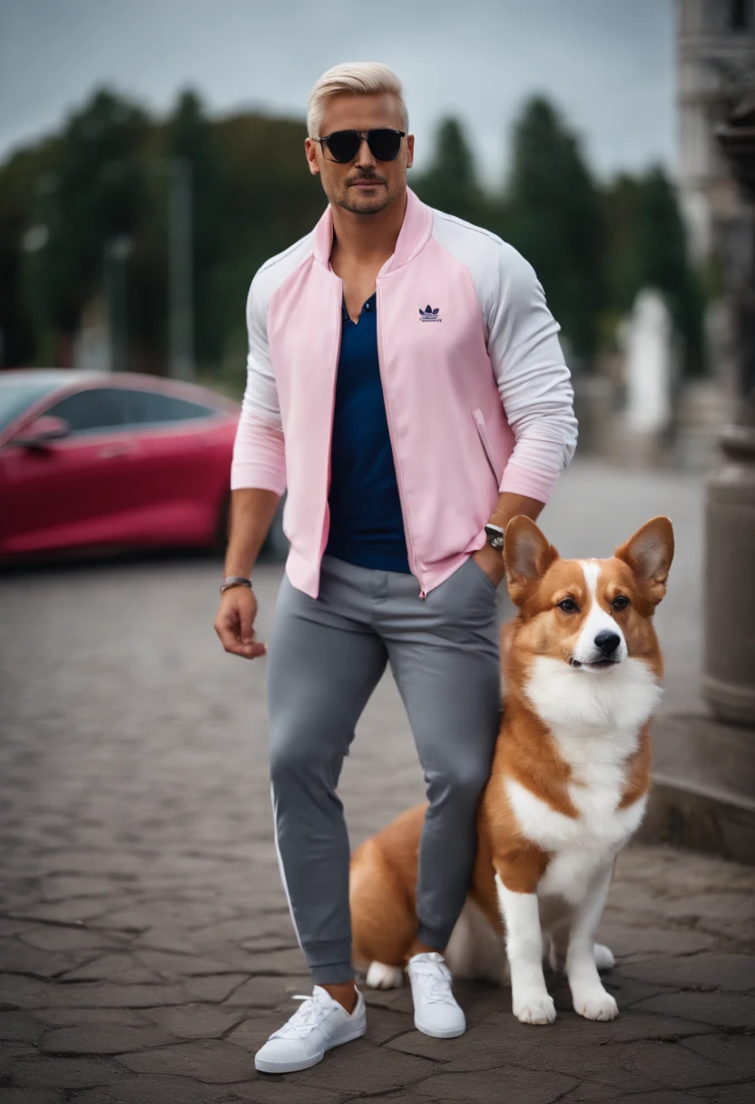 A full-length man, 25 years, dyed platinum blonde hair, very handsome, he is wearing a white top, dark blue sports pants and Adidas sneakers and sunglasses. Next to him is a Corgi Kardigan dog in gray white colour with a pink collar. And next to him is a red cat with a pink collar. Nearby is a blue Tesla car