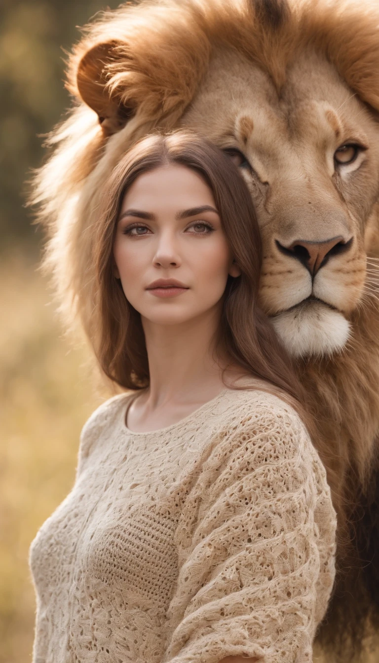(Velha:1.4), com cabelos longos grisalhos, Rosto estrito, dona de casa, olhar tia.she stand in big crochet lion sumado