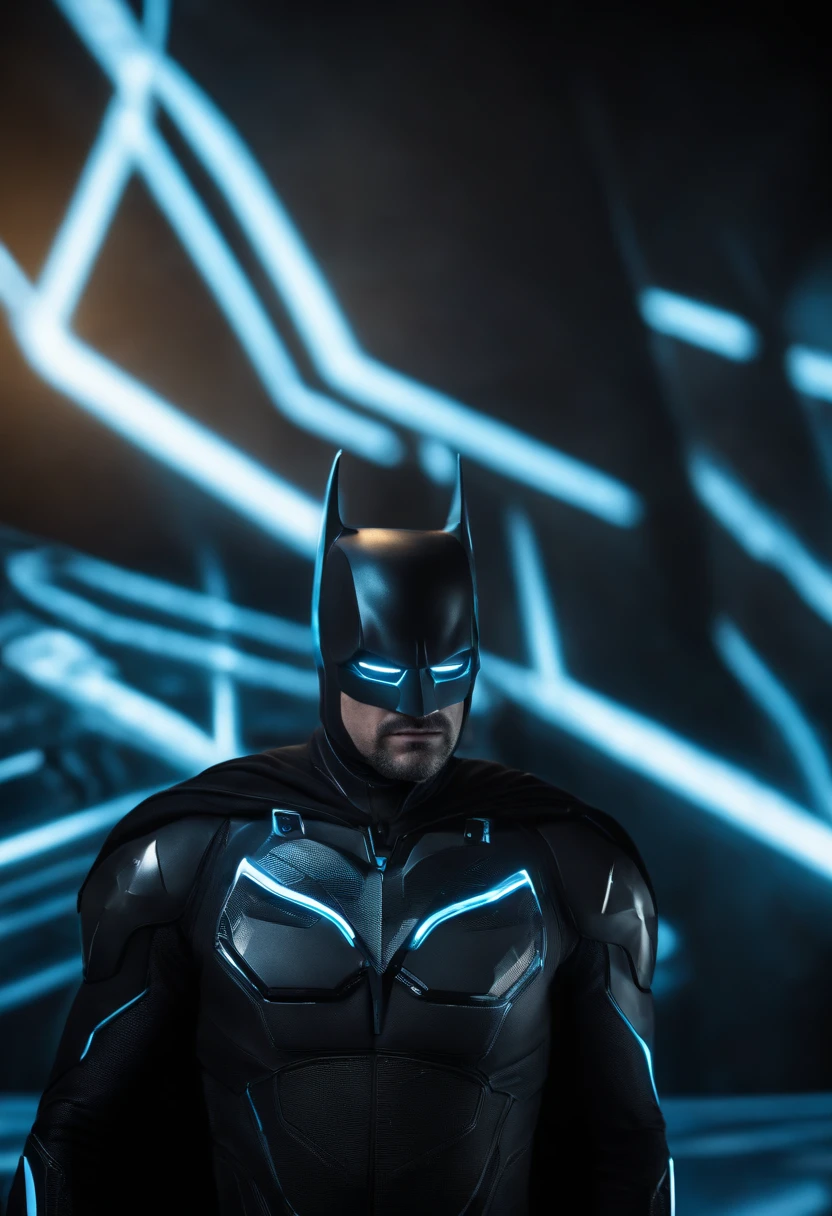 Tron Combined with Batman, tron legacy, battle pose, crystal clear image, intricate details, close up, battle scars, black and blue themed, simulation world