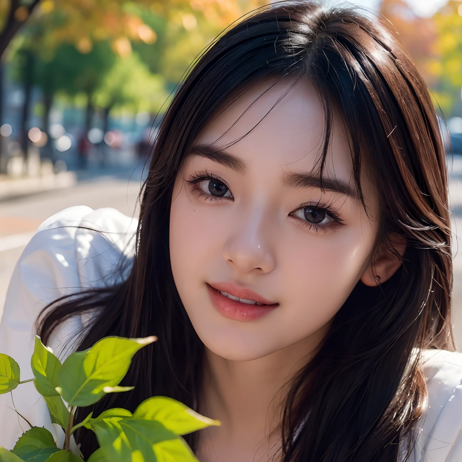 (Best quality,16k,A high resolution,Masterpiece:1.2),Ultra-detailed,(Realistic,Photorealistic,photo-realistic:1.37),Korean fashion beauty,Japanese and Korean beauties,cute and innocent,Detailed eyes and face,beautiful detailed lips,Long eyelashes,slimification,fashionable, big smile with teeth, (Lovely,Charming:1.1), falling leaves, autumn street background,Stylish clothes and accessories, Vivid colors, Fading lights