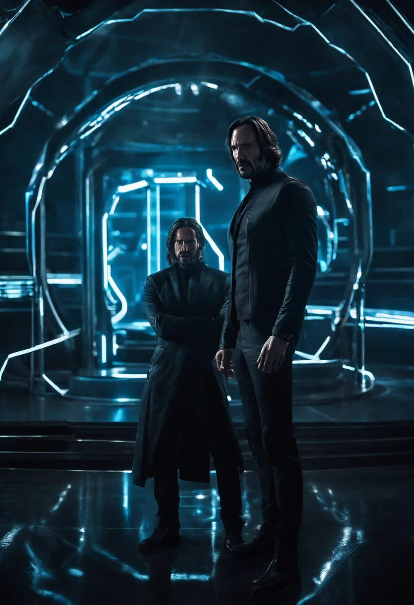 Tron Combined with John Wick, tron legacy, battle pose, crystal clear image, intricate details, close up, battle scars, black and blue themed, simulation world
