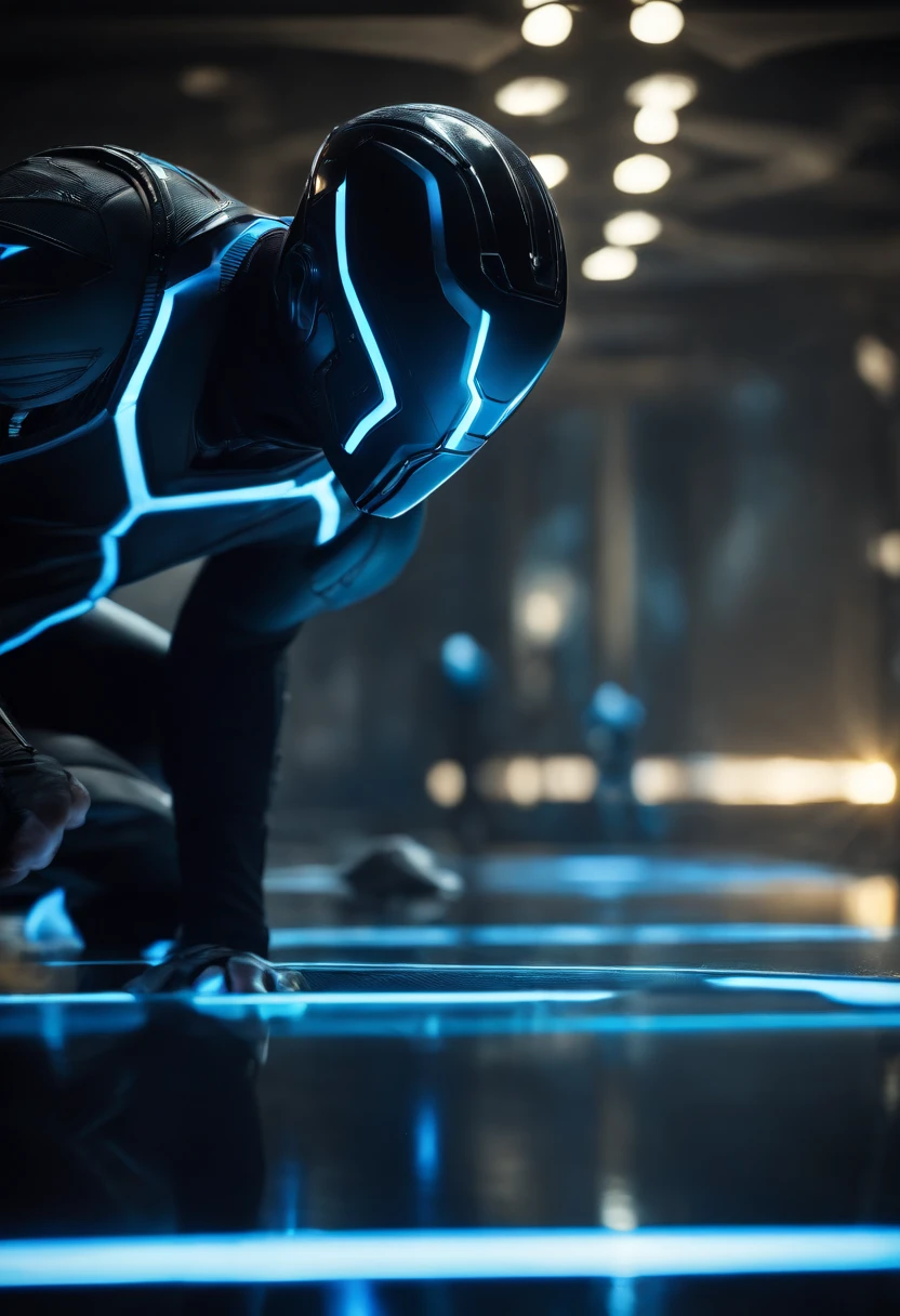 Tron Combined with John Wick, tron legacy, battle pose, crystal clear image, intricate details, close up, battle scars, black and blue themed, simulation world