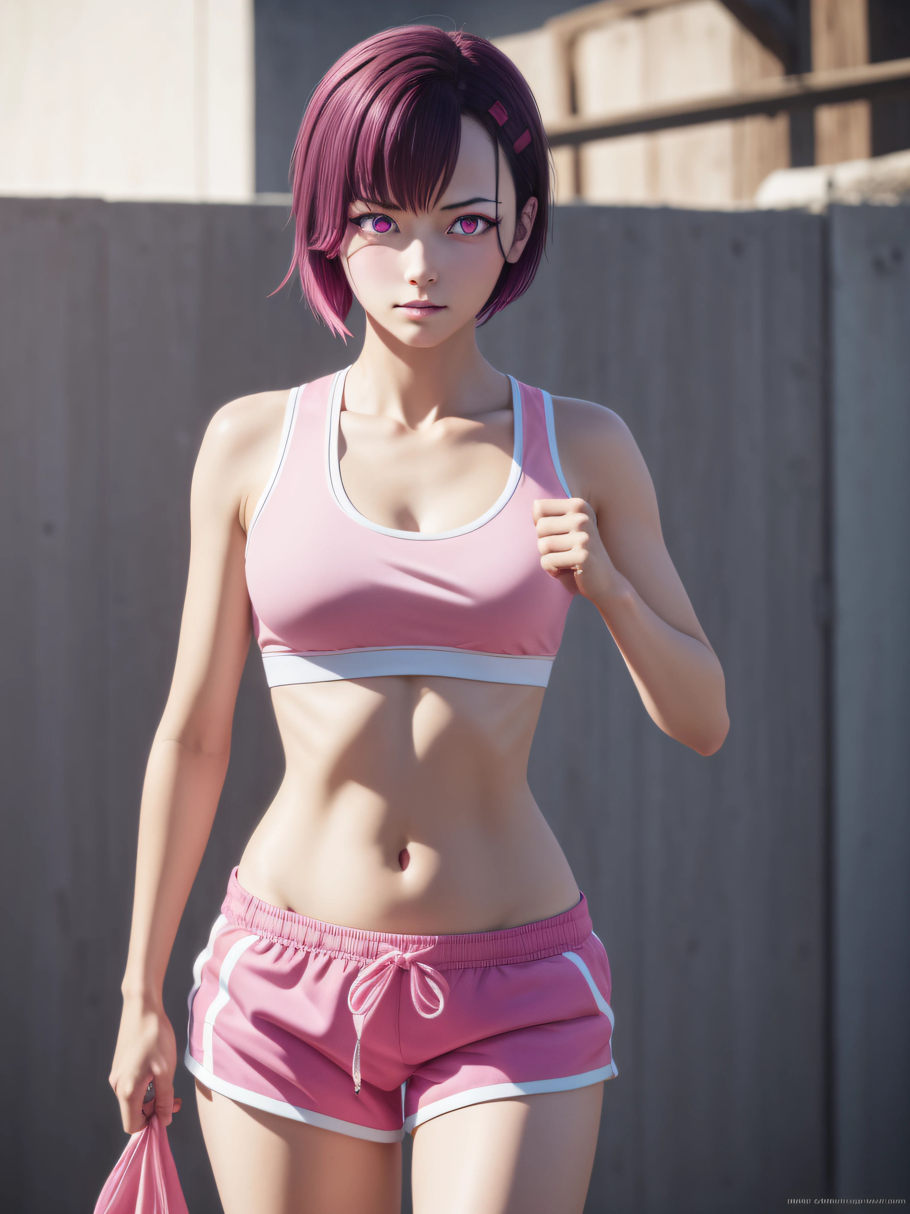 shizukamikazuki, shizuka mikazuki, short hair, purple hair, hair ornament, hairclip, (pink eyes:1.5), swept bangs,
BREAK navel, sports bra, sportswear, shorts, pink shorts,
BREAK looking at viewer,
BREAK outdoors,
BREAK (masterpiece:1.2), best quality, high resolution, unity 8k wallpaper, (illustration:0.8), (beautiful detailed eyes:1.6), extremely detailed face, perfect lighting, extremely detailed CG, (perfect hands, perfect anatomy),