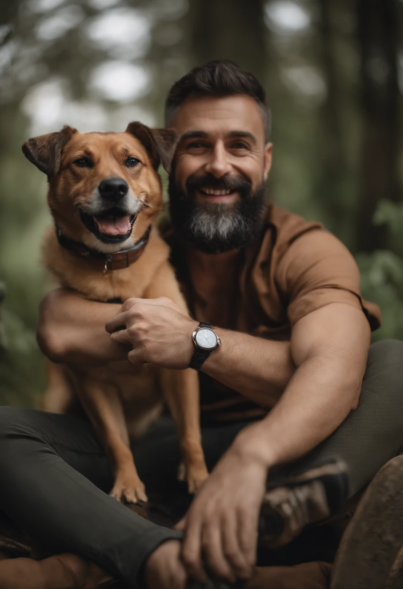 There's a man with a beard and a dog that's sitting on his lap, selfie of a dog, with his hyperactive little dog, 3 6 anos, 2 5 I, Homem de 4 0 anos, friendly guy and small creature, 3 5 anos, 35 anos, 38 anos, 3 2 anos, 2 8 anos