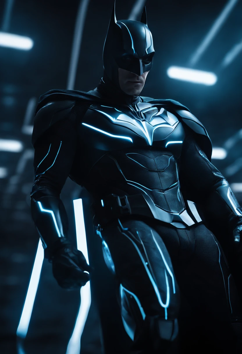 Tron Combined with Batman, tron legacy, battle pose, crystal clear image, intricate details, close up, battle scars, black and blue themed, simulation world