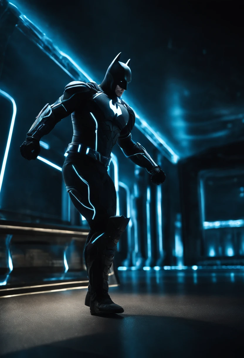Tron Combined with Batman, tron legacy, battle pose, crystal clear image, intricate details, close up, battle scars, black and blue themed, simulation world