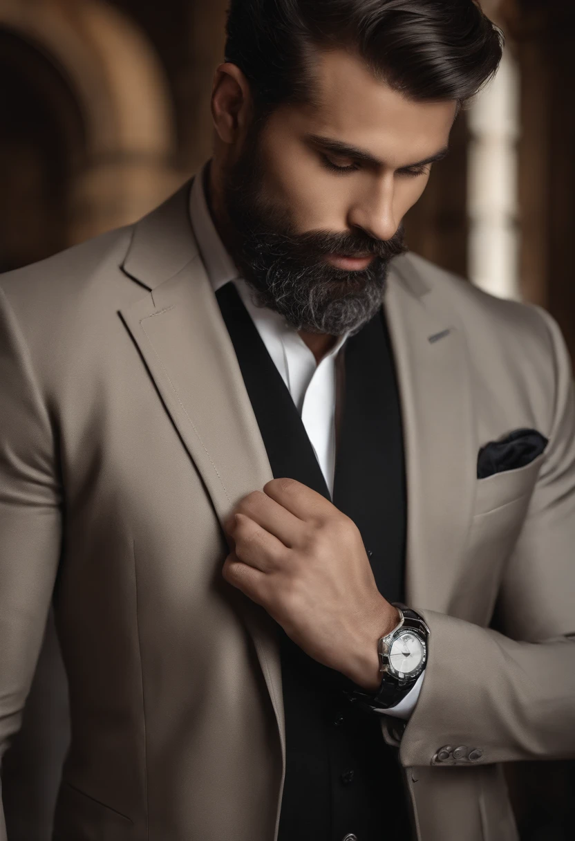 Homme en costume, barbu, Wear a black business suit, Neat model, Montrer son visage, Photo de profil professionnelle, Business Wear, Office Wear, high resolucion, шедевр, beste-Qualit, intricate high detail, highly detailed, mise au point nette, texture, detailled eyes, professionnel, 4K, Tournage en Canon, 85 mm, faible profondeur de champ, Vision couleur Kodak, perfect fit body, extremly detailed, photo_\(ultra\), photo realist, Post-traitement, Maximum details, roughness, real life, ultra realist, rendering, photographie, 8K UHD, photographie (grain de film)