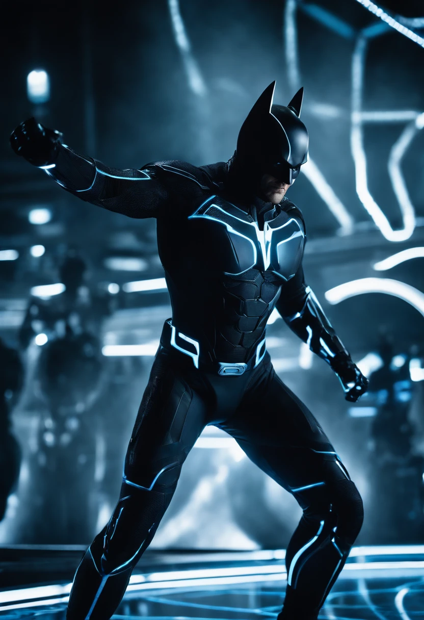 Tron Combined with Batman, tron legacy, battle pose, crystal clear image, intricate details, close up, battle scars, black and blue themed, simulation world