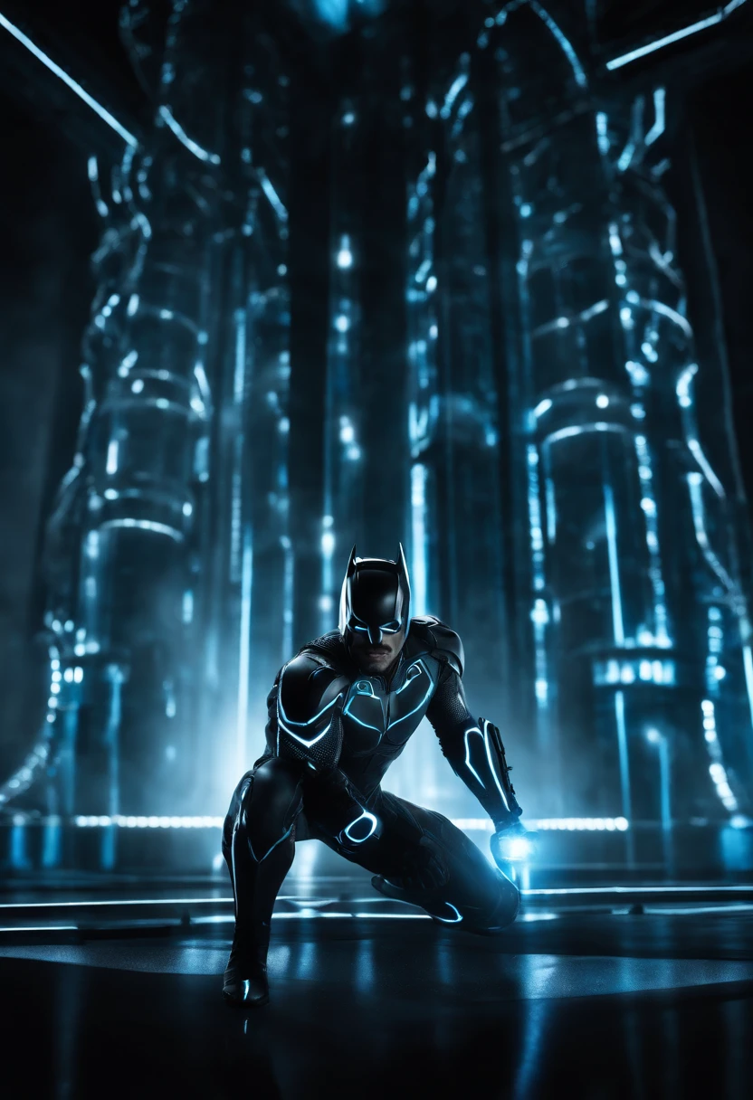 Tron Combined with Batman, tron legacy, battle pose, crystal clear image, intricate details, close up, battle scars, black and blue themed, simulation world
