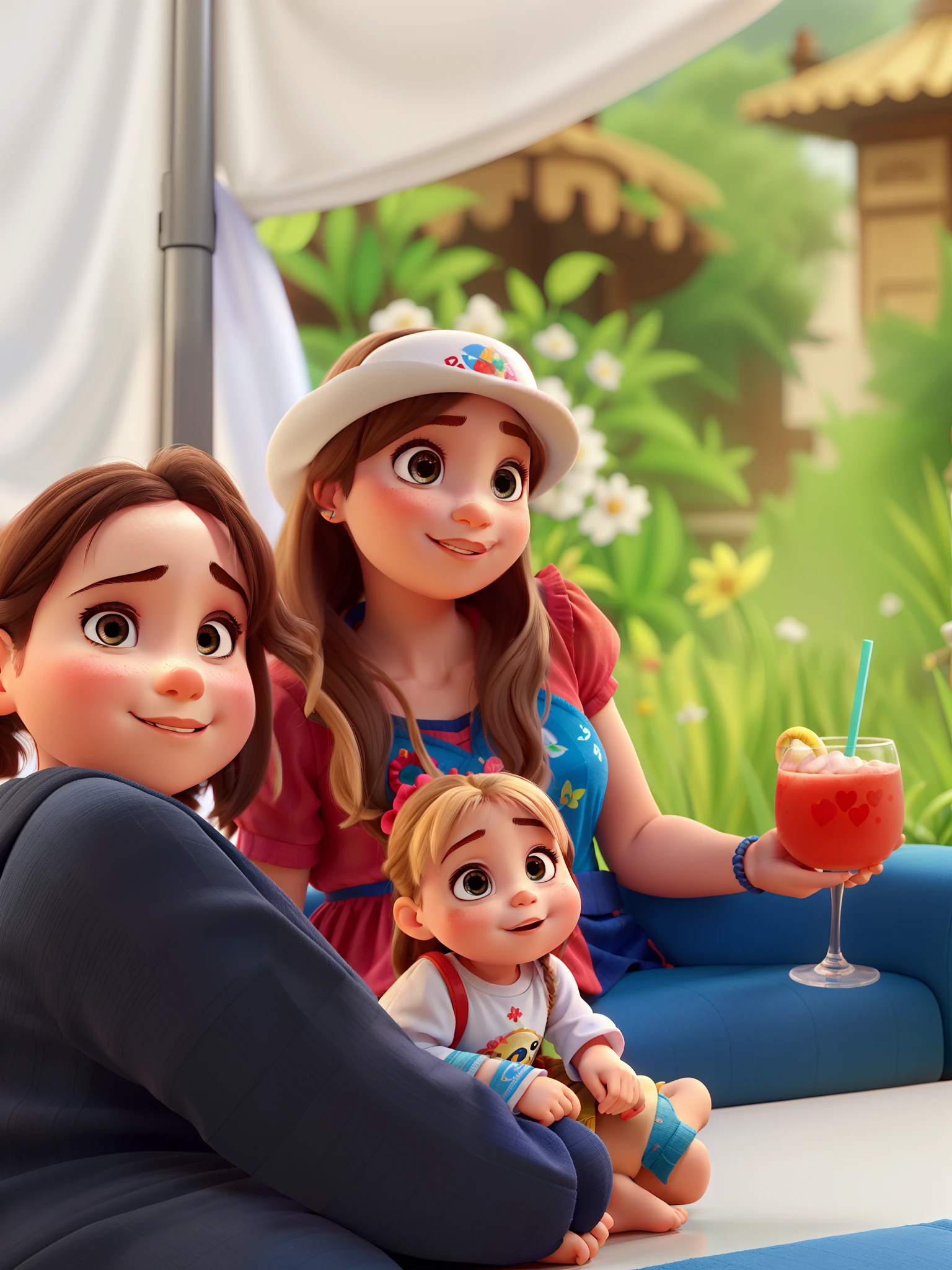 Little Baby Girl, pouco cabelo. Duas mulheres, drink de morango. Estilo Disney pixar.
