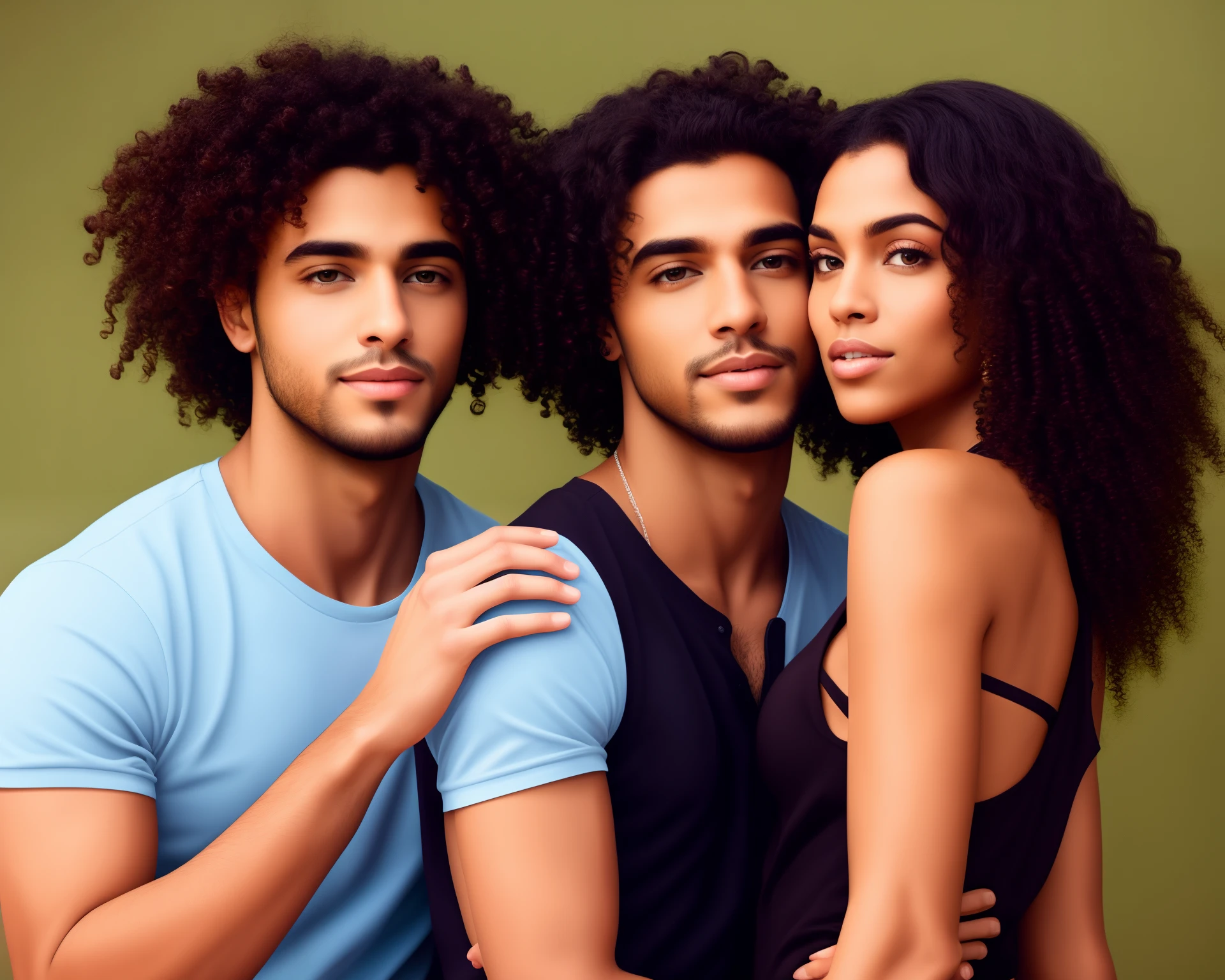 Can you draw a realistic picture of a beautiful dark brown black woman in her early twenties with long thick curly hair being held by a handsome Puerto Rican man with short black hair and olive skin