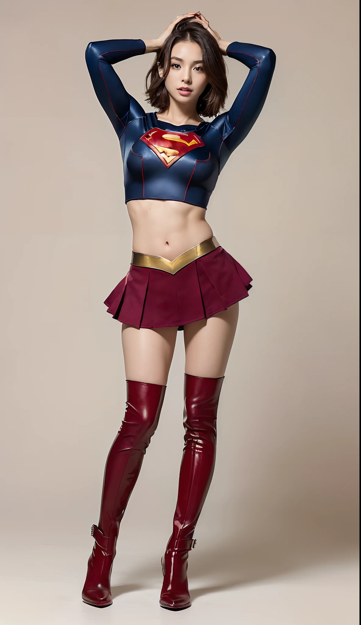 Beautiful girl fighting、japanes、Cute Beautiful Girl、(((Wear black tights on your beautiful legs.)))、(((beauty legs)))、(((Painful look)))、((((Make the most of the original image)))、(((Supergirl Costume)))、(((Beautiful hair with short cuts)))、(((Injured)))、(((Feet must necessarily be worn with black tights)))、(((You need to wear red boots)))、((Top image quality、8K))、((top-quality、8K、masterpiece:1.3))、(((Keep your background simple)))、Crisp focus:1.2、Beautiful woman with perfect body shape:1.4、Slender Abs:1.2、a wet body:1.5、Highly detailed facial and skin texture、8K、Keep your background simple