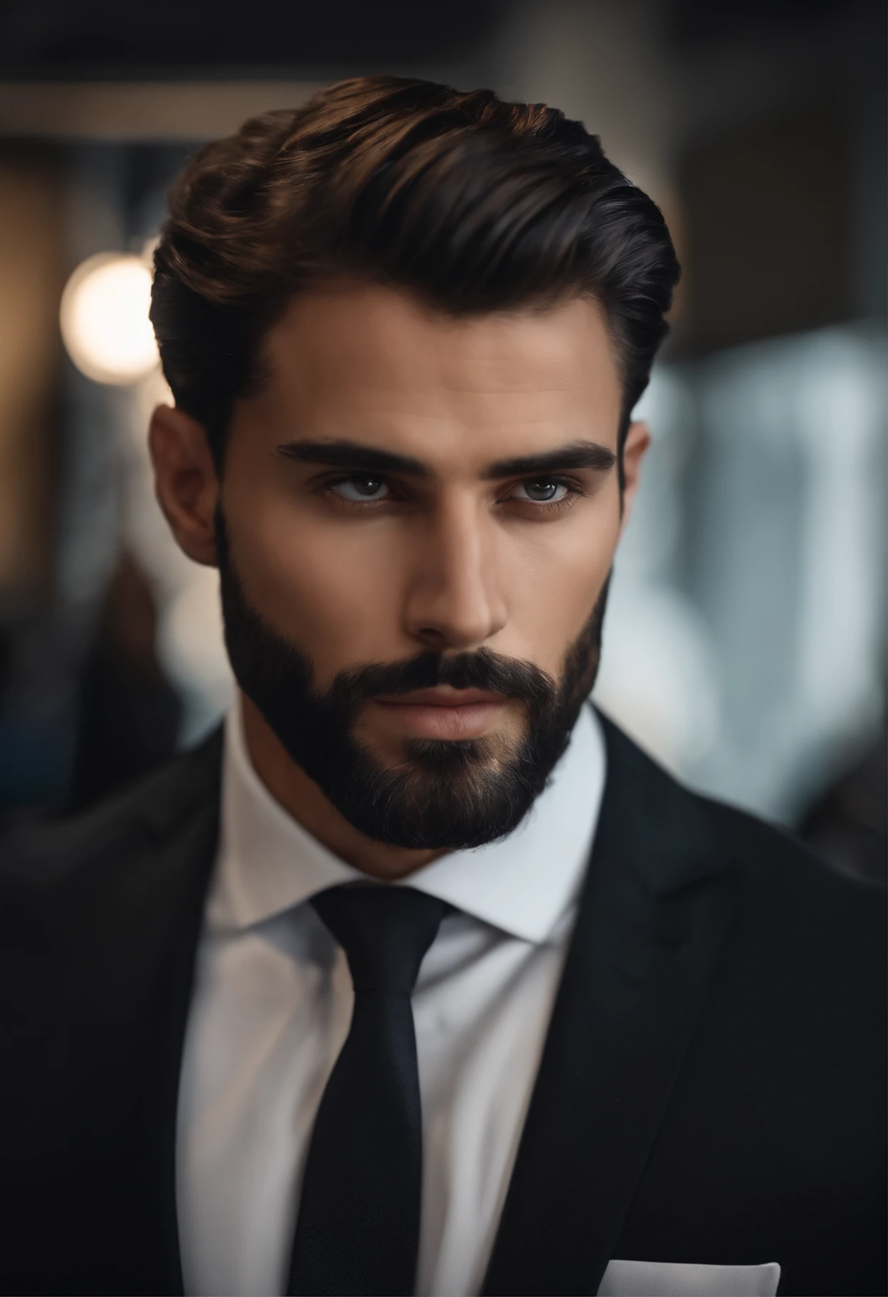Homme en costume, barbu, Wear a black business suit, Neat model, Montrer son visage, Photo de profil professionnelle, Business Wear, Office Wear, high resolucion, шедевр, beste-Qualit, intricate high detail, highly detailed, mise au point nette, texture, detailled eyes, professionnel, 4K, Tournage en Canon, 85 mm, faible profondeur de champ, Vision couleur Kodak, perfect fit body, extremly detailed, photo_\(ultra\), photo realist, Post-traitement, Maximum details, roughness, real life, ultra realist, rendering, photographie, 8K UHD, photographie (grain de film)