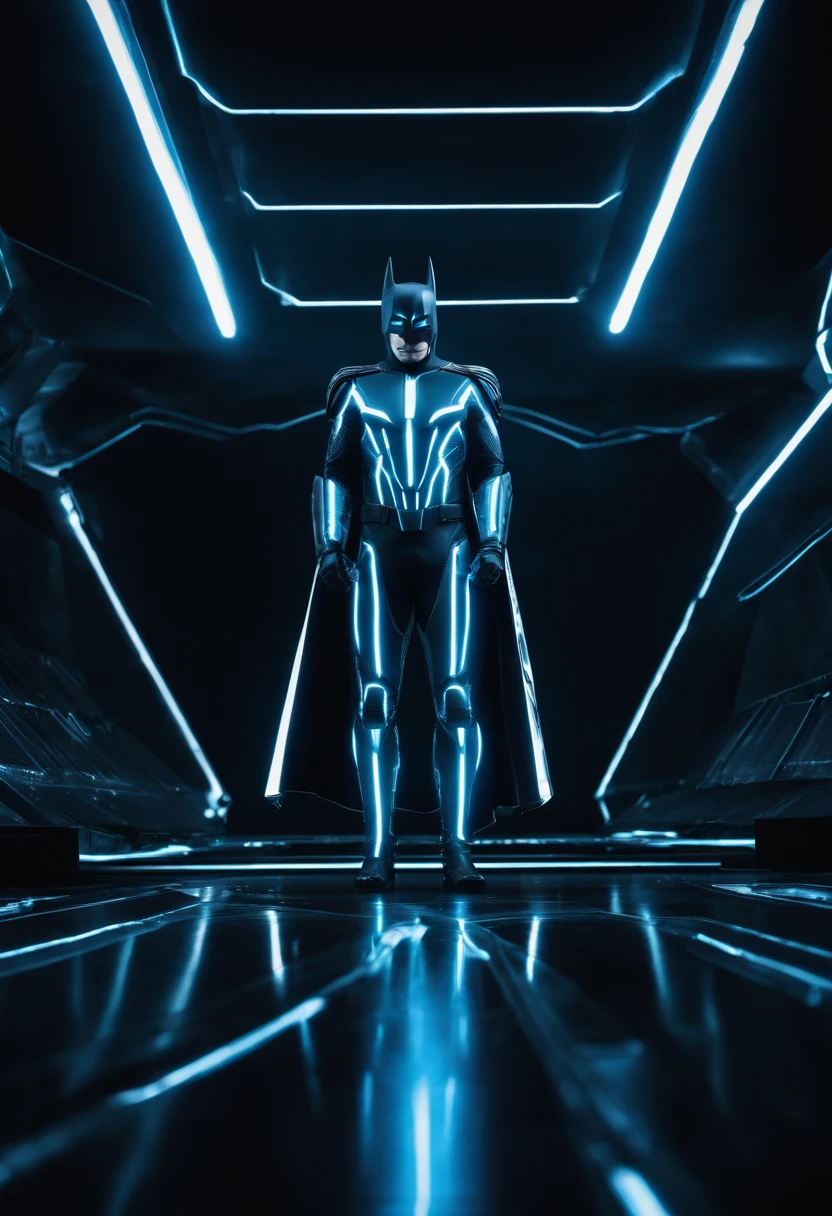 Tron Combined with Batman, tron legacy, battle pose, crystal clear image, intricate details, close up, battle scars, black and blue themed, simulation world, black and blue Cape