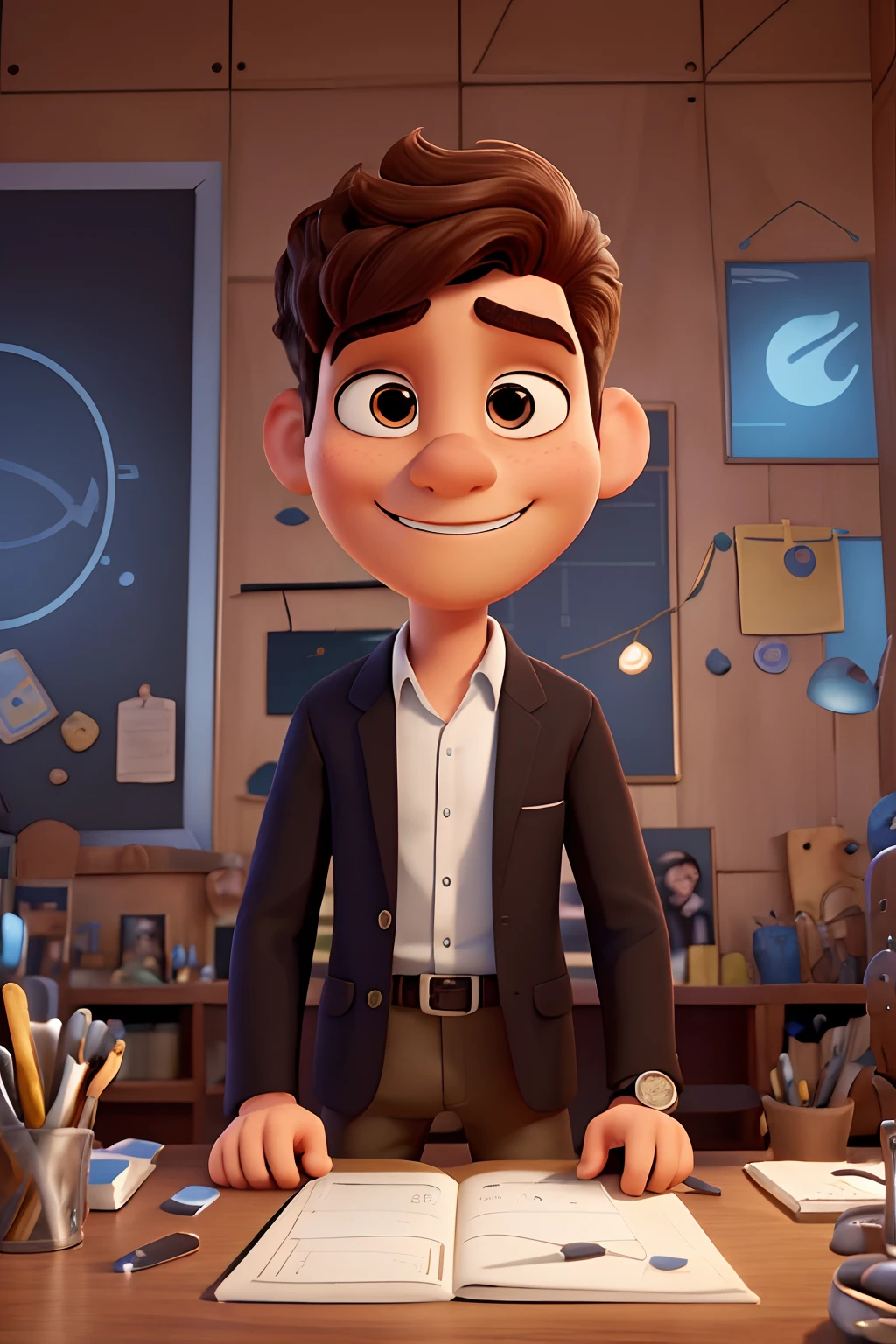 a Disney pixar-inspired movie poster with the title ("O arquiteto do futuro"). (O Arquiteto do futuro. An architect of the future in his office in black clothes, cabelo curto e encaracolado e uma verruga na bochecha esquerda, brown with a watch on his right arm) a cena deve estar no distinto estilo de arte digital da Pixar, with a focus on character expressions, Vibrant colors and detailed textures that are characteristic of animations, with the title (Bruno Arquiteto)
