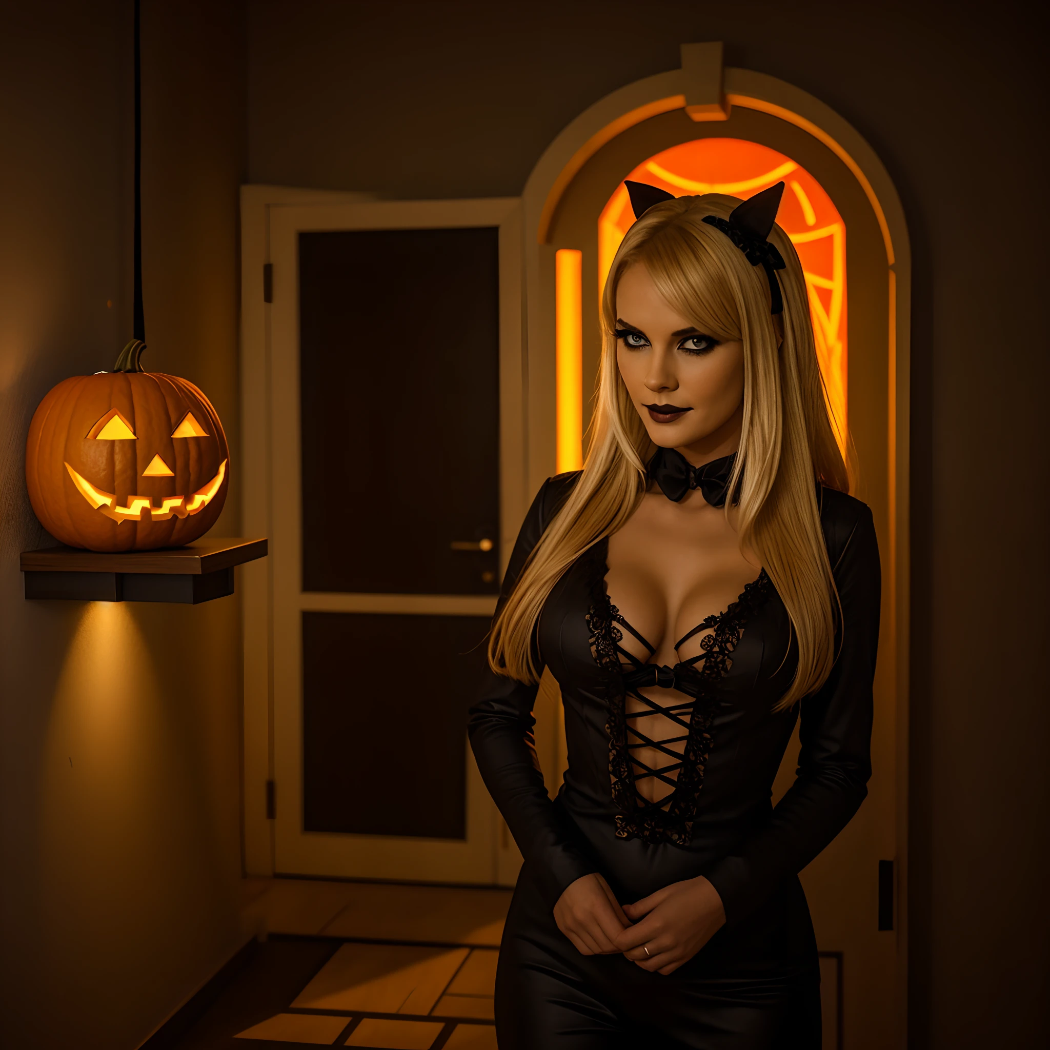 Bild eines 21 Jahre alten Models, blonde, dominant, strict, attraktiv, sweet, in a knappen black Halloween costume, knapper BH, als Hexe verkleidet, Halloween, sexy, 55mm linse, Studio Photografic, Hochdetailliertes Hautbild, mittlere Oberweite, im wohnzimmer mit Jack o lantern im Hintergrund