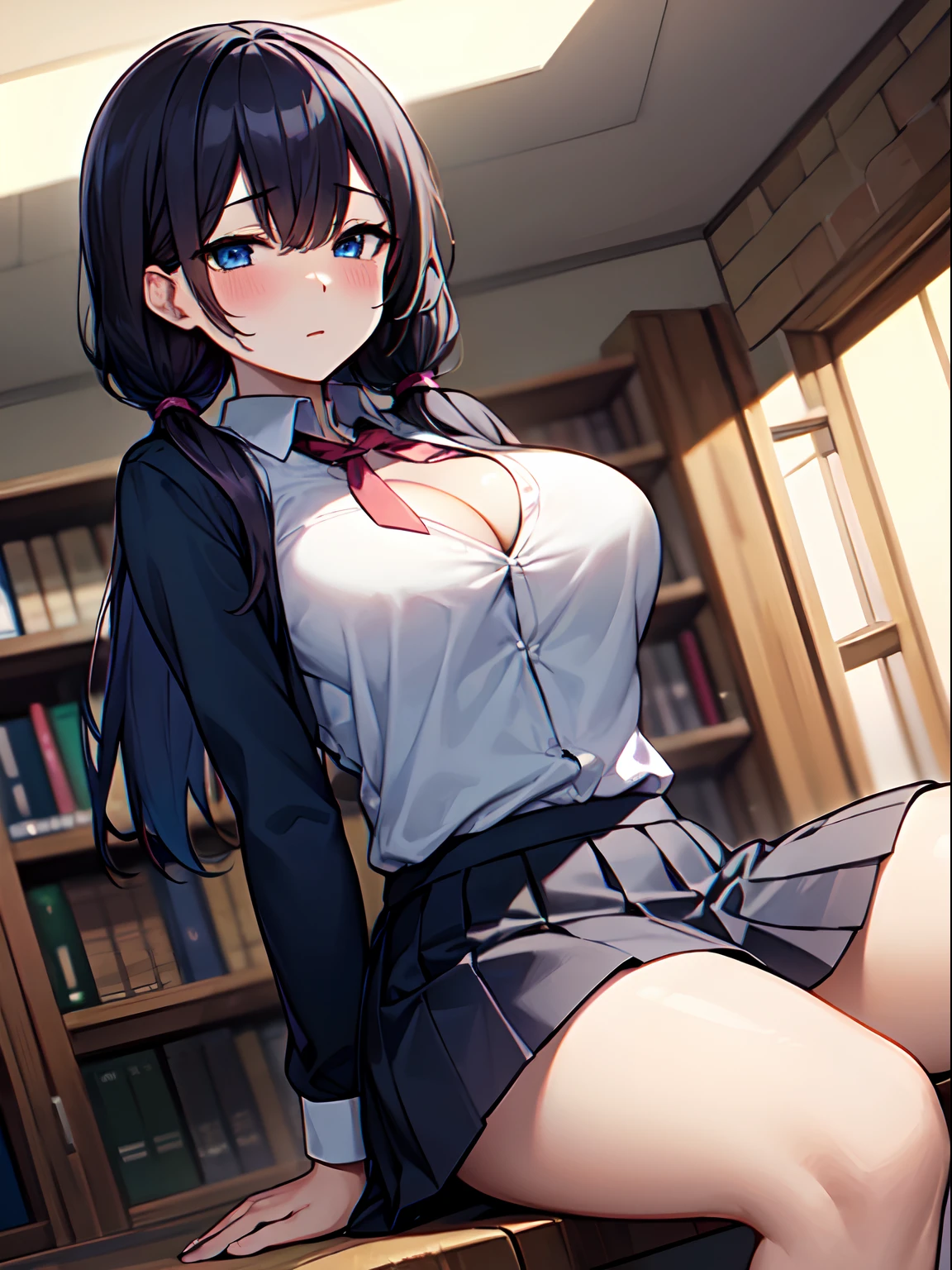 ((masterpiece)), ((Best Quality)), (Ultra-detailed), ((kawaii)), Cute, (lovely), ((sexy)), ((Extremely detailed)), 4K, (8K), Best Quality, (Beautiful), Illustration, anime style, (bold line:1.2), Gradation, cowboy shot, a cute girl, 1girl, (solo:1.2),//, sitting, (spread legs), //, Based on a school uniform, the blouse is made of a slightly transparent material, allowing a subtle view of the cleavage. Pleated skirt with a side slit, Black thigh-high socks and classic loafers. Blue clip-on tie, //, large breasts, slender legs, breasts falling aside, Perfect eyes, Perfect iris, pink-skinned, //, (half closed eyes:1.4), (sexual expression:1.2), Fascinated expression, (cool:1.2), (blush:1.2), //, Twin tails hair style, blue hair color, (beautiful eyes) //, Between the furthest shelves in the school library, the surroundings are dim, with light shining down from a skylight above