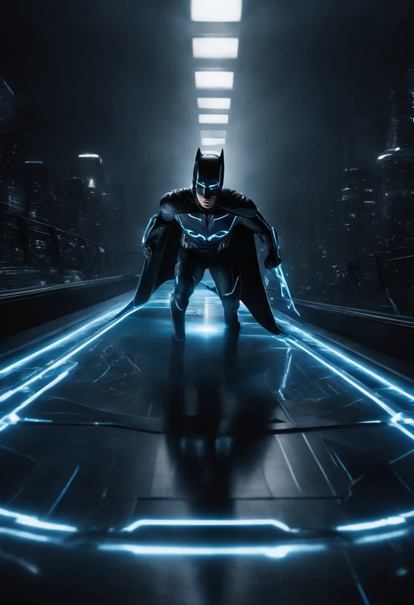 Tron Combined with Batman, tron legacy, battle pose, crystal clear image, intricate details, close up, battle scars, black and blue themed, simulation world, black and blue Cape