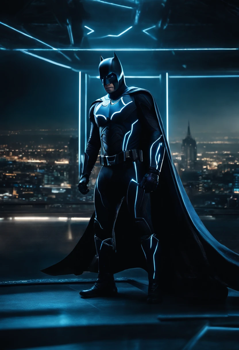 Tron Combined with Batman, tron legacy, battle pose, crystal clear image, intricate details, close up, battle scars, black and blue themed, simulation world, black and blue Cape