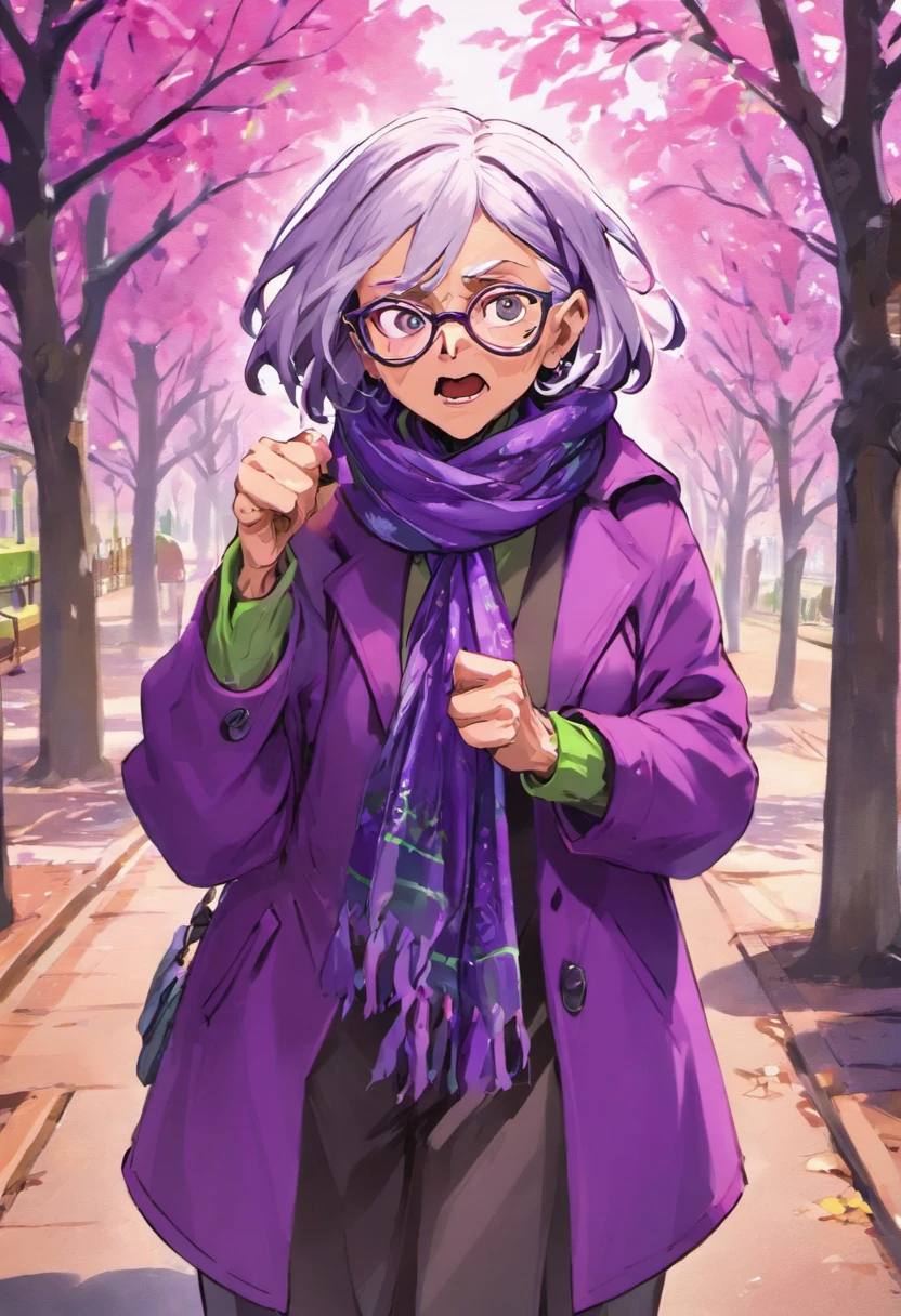 masterpiece, best quality, an old woman with glasses and a scarf on, wearing a purple coat and green scarf, standing at the park