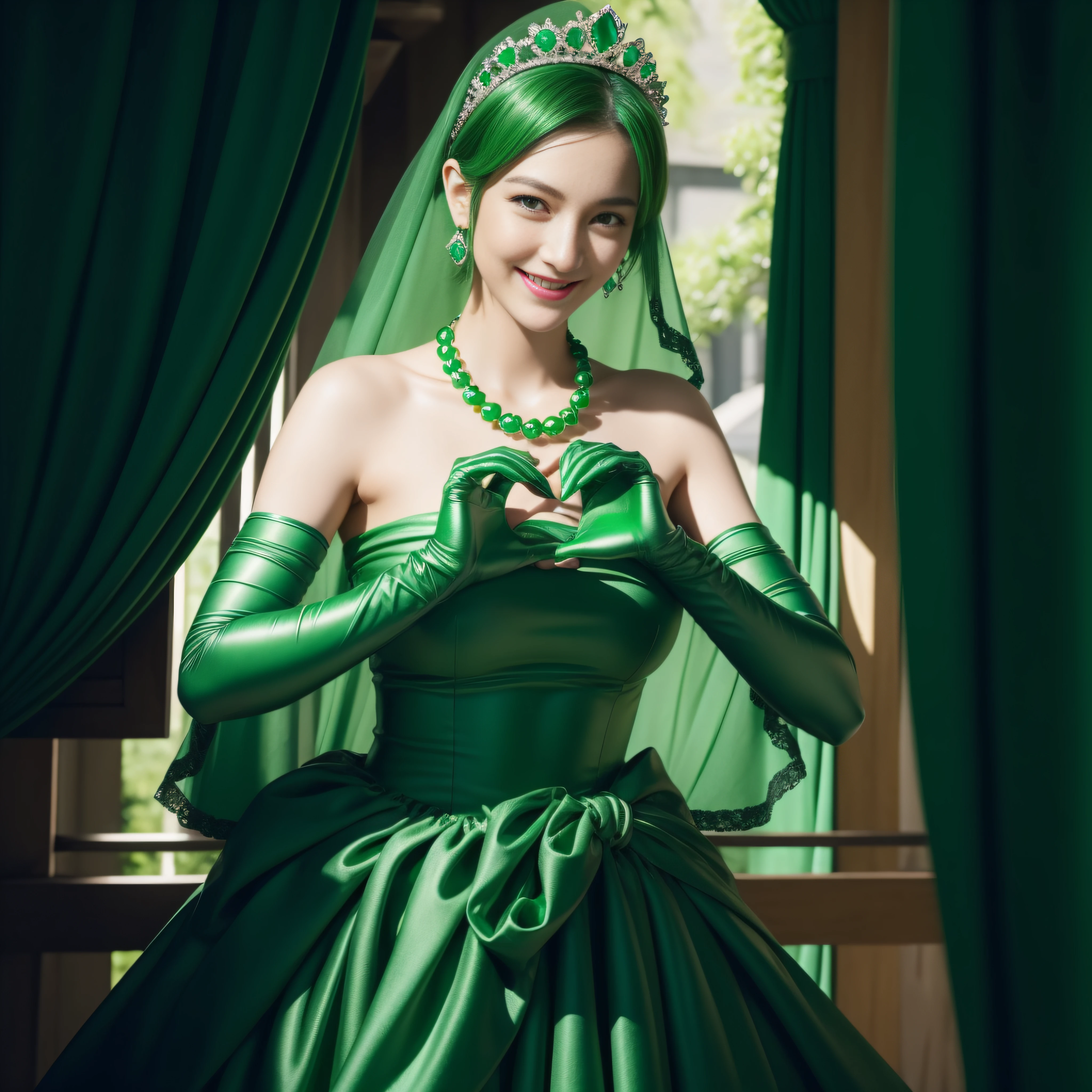 emerald tiara, green pearl necklace, boyish very short green hair, lipstick, smiling Japanese woman, very short hair, big breasts beautiful, green eyes, Long Green Satin Gloves, green eyes, V sign, emerald earrings, green veil