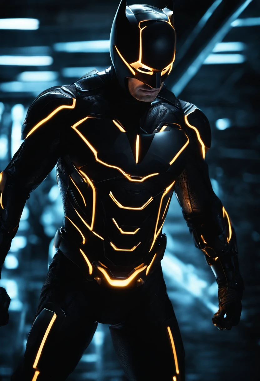 Tron Combined with Batman, tron legacy, battle pose, crystal clear image, intricate details, close up, battle scars, black and amber themed, simulation world, black and blue amber