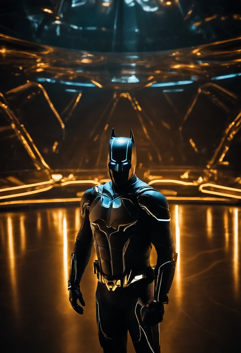 Tron Combined with Batman, tron legacy, battle pose, crystal clear image, intricate details, close up, battle scars, black and amber themed, simulation world, black and blue amber