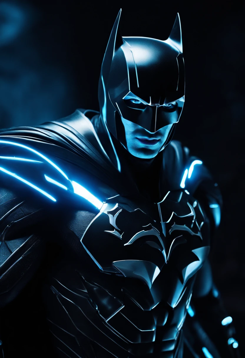 Tron Combined with Batman, tron legacy, battle pose, crystal clear image, intricate details, close up, battle scars, black and blue themed, simulation world, black and blue Cape