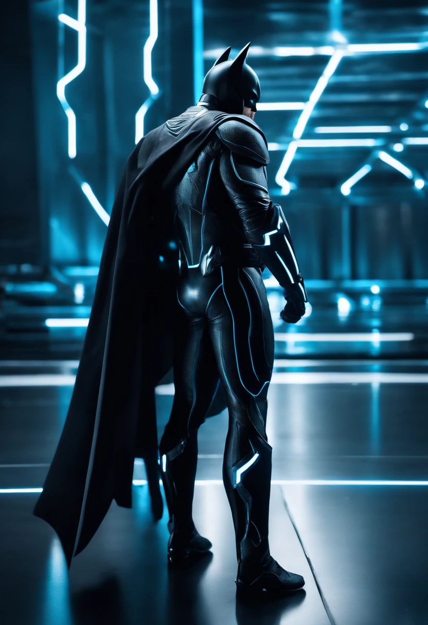 Tron Combined with Batman, tron legacy, battle pose, crystal clear image, intricate details, close up, battle scars, black and blue themed, simulation world, black and blue Cape