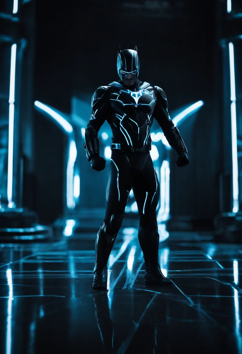 Tron Combined with Batman, tron legacy, battle pose, crystal clear image, intricate details, close up, battle scars, black and blue themed, simulation world, black and blue Cape