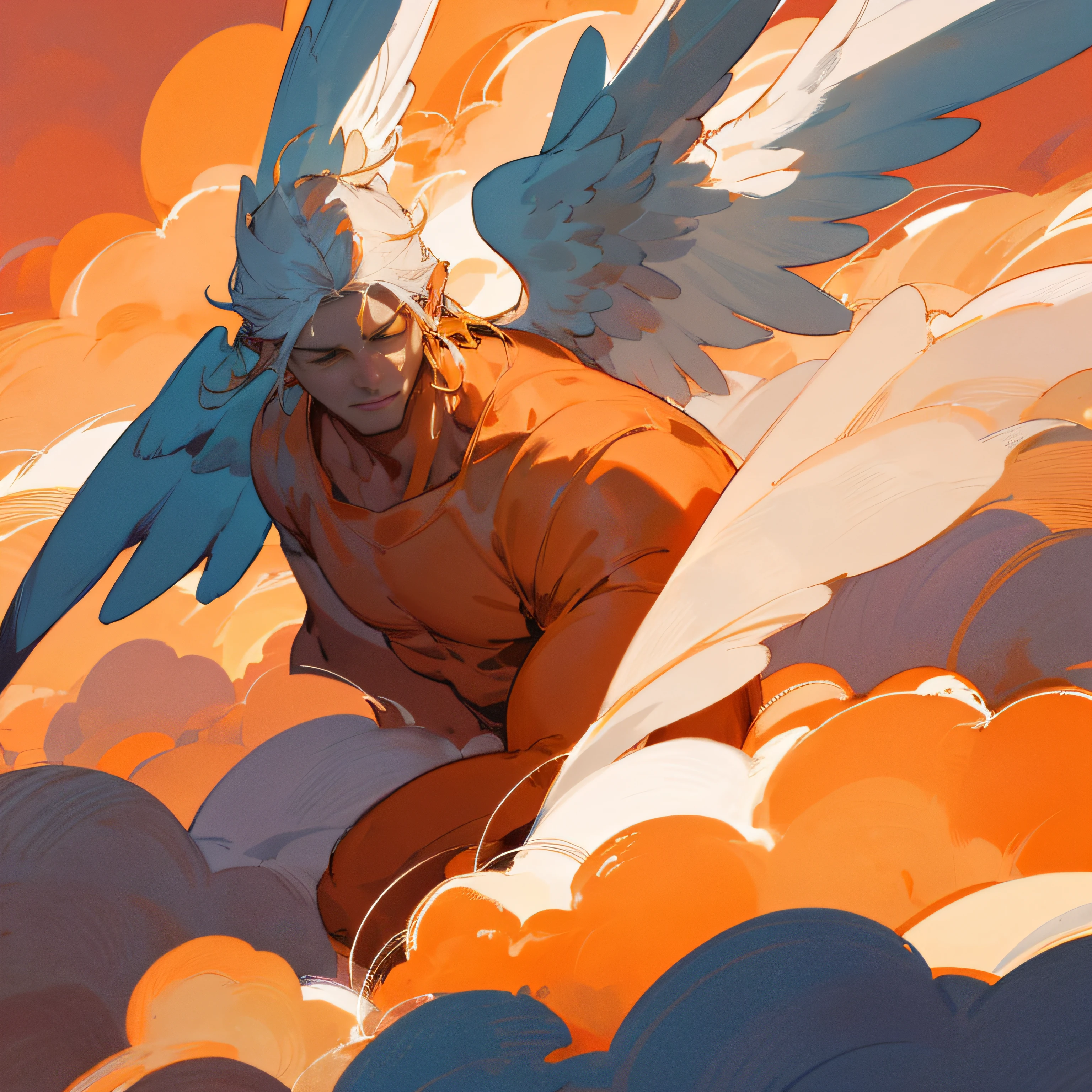 Angelic being without human affections, a creator being of the universe, mythology, In the background of the image, a scenario of heavenly mountains, orange clouds. The style of the image should be in comics, with strong and striking strokes, and mythological and angelic touches on the characters