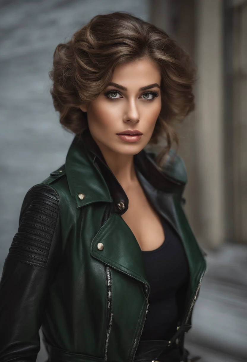 1girl, somente, rosto, retrato, Cabelos compridos, Cavalinha, cabelo loiro, olhos verdes, seio grandes, (Jaqueta de couro preta:1.2) , decote, escola, Ruboroso, Olhando para o Viewer,