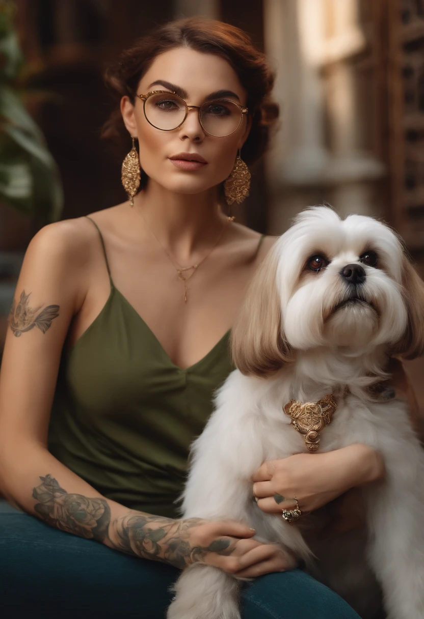 A woman with tattooed Pixar style arms, com cabelos castanhos ondulados, Green eyes and golden accessories, Eyeglasses, Next to a white Shih Tzu dog with beige males and brown eyes