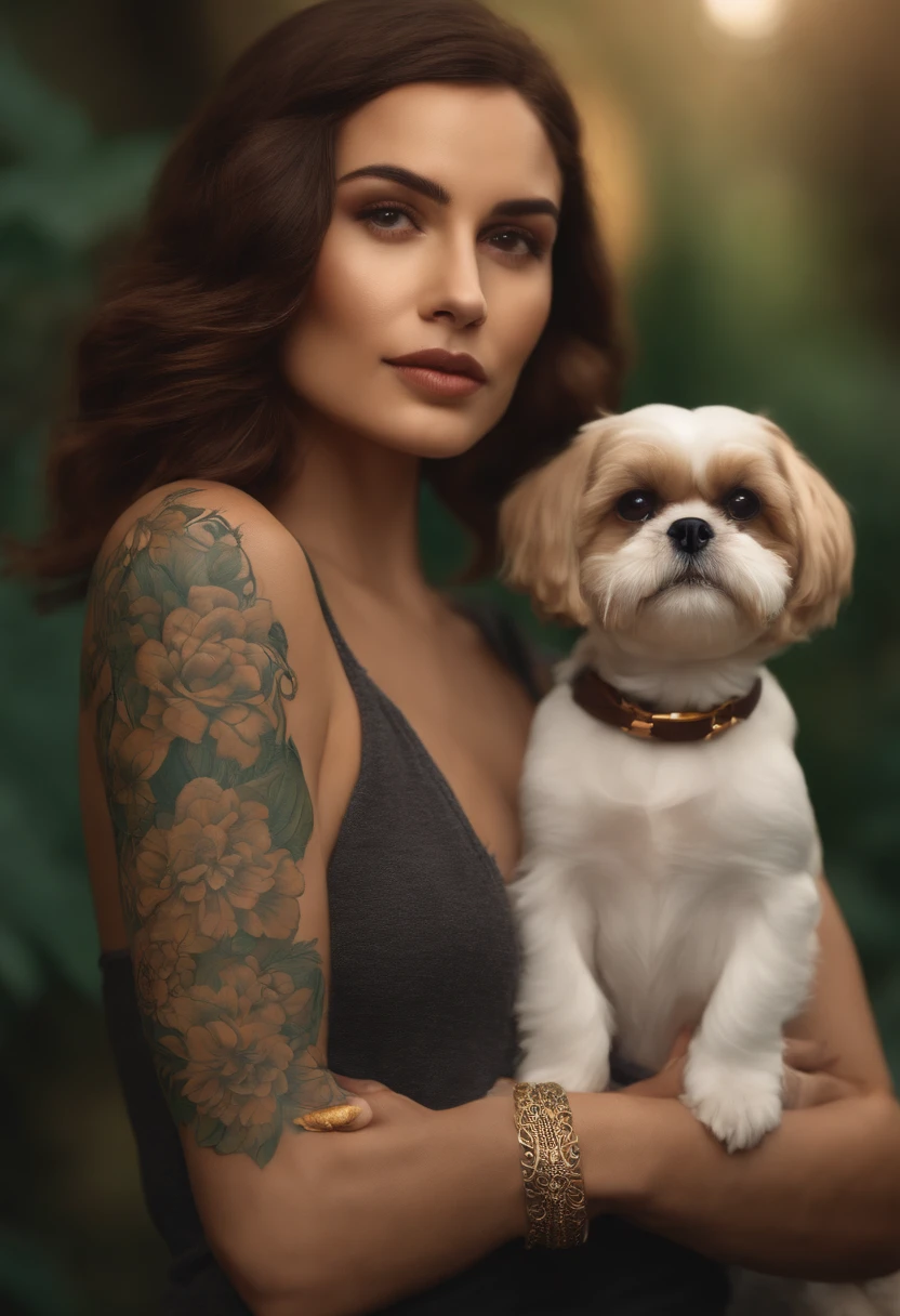 A woman with tattooed Pixar style arms, com cabelos castanhos ondulados, Green eyes and golden accessories, Eyeglasses, Next to a white Shih Tzu dog with beige males and brown eyes