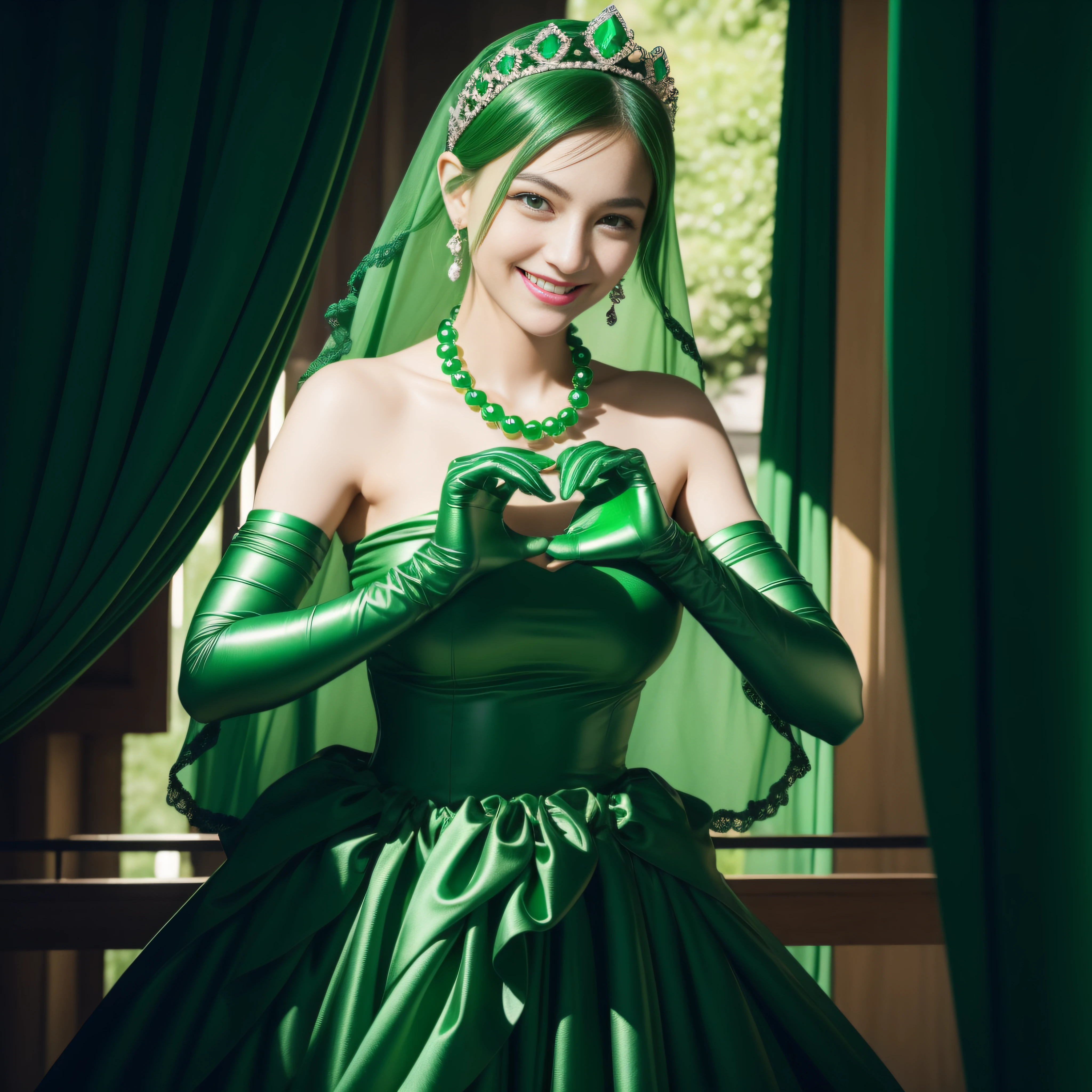 emerald tiara, Green Pearl Necklace, Boyish very short green hair, lipsticks, Japan woman smiling, very short short hair,  big breasts beautiful, Green eyes, Long green gloves made of satin material, Green eyes, Emerald Earrings, green vale, Heart with both hands,Green hair