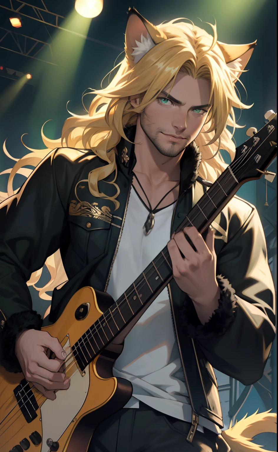 Green fur lined jacket, one male, cat ears, long hair, blond, blond hair, green eyes, tall, muscular, white shirt, beautiful face, highest quality, masterpiece, 2d, anime, perfect face, highest detail, feline eyes, stubble, cat tail, wavy hair, cowboy shot, detailed face, intricate details, holding black bass guitar, stage background