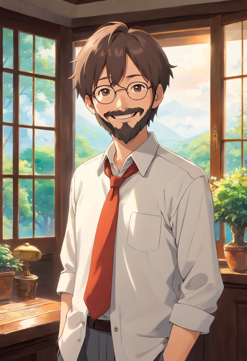 The man in the image is wearing a dress shirt, which suggests that he is dressed for a formal or professional event. His full beard and mustache give him a well-groomed and polished look. Short brown hair. He is standing in front of a window, which provides a natural light source and a pleasant backdrop for the photo. The man appears to be smiling, indicating that he is in a positive and friendly mood. The overall scene conveys a sense of confidence and professionalism. Realistic image.