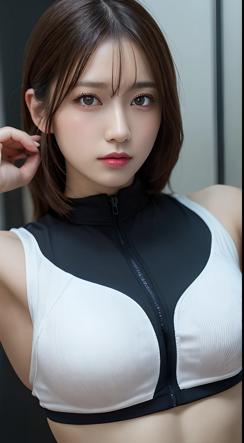 ((masterpiece, best quality)), (1 Girl), (Solitary), Skinny Japanese woman, 24 years old, (Women's Focus), night (Chainsaw Man),(Very rich facial details, Real images, Realistic white skin, Realistic body, Intricate details), Upper Body, Serious , Brown eyes, Looking at the audience, bandage over the body, Black Hair, Long-sleeved shirt, Apron Dress, Black tie, bandage, bandage, Small Breasts
