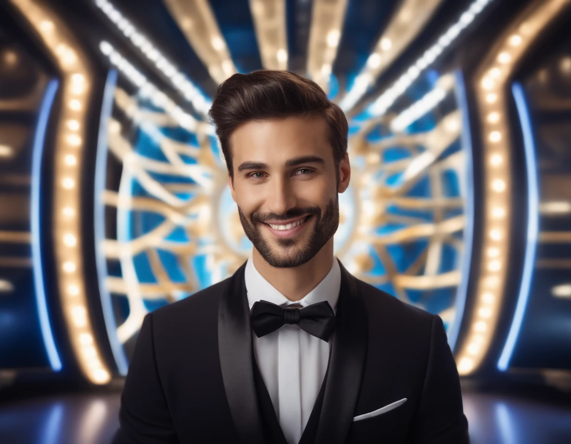 Wearing a tuxedo in the news studio Color Portrait 4K Selfie, Portrait of a young man in his 30s, highly detailed portrait, High quality image, Highly realistic digital panel, With a happy face