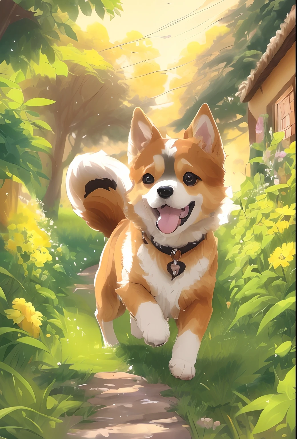 anime, A black and white brown dog running in the garden, Cute German Spitz, anthropomorphic shiba inu, arte digital detalhada bonito, painting digital adorable, kawaii cute dog, Anime Art Wallpaper 4K, Anime Art Wallpaper 4K, painting of cute dog, arte de fundo do anime, Anime Art Wallpaper 8K, corgi com [ Asas Angelicais ]!!