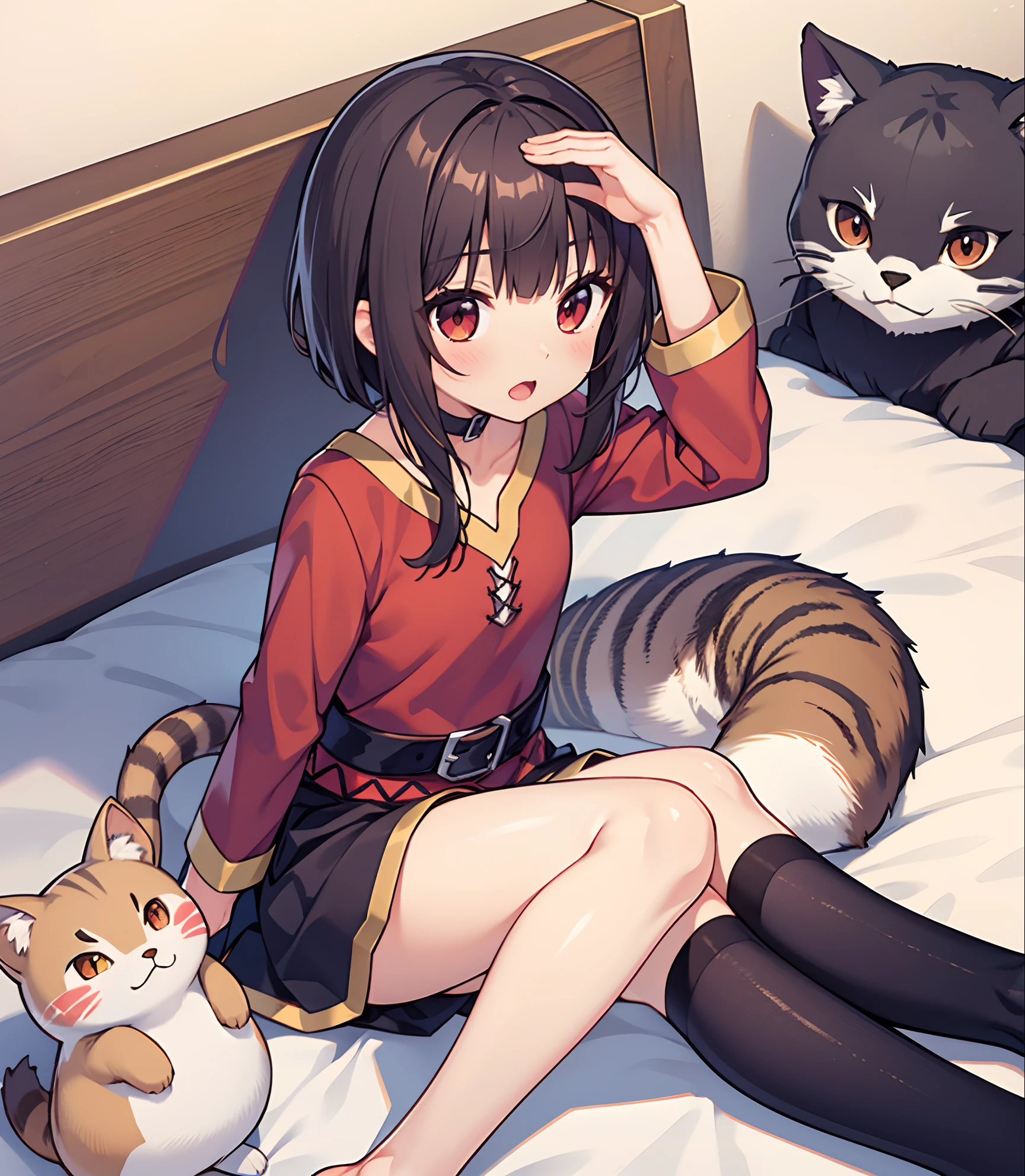 Megumin_neko, red eyes, cabelos curtos, cabelos castanhos, segurando urso branco, orelhas de gato, rabo de gato, sentada na cama.