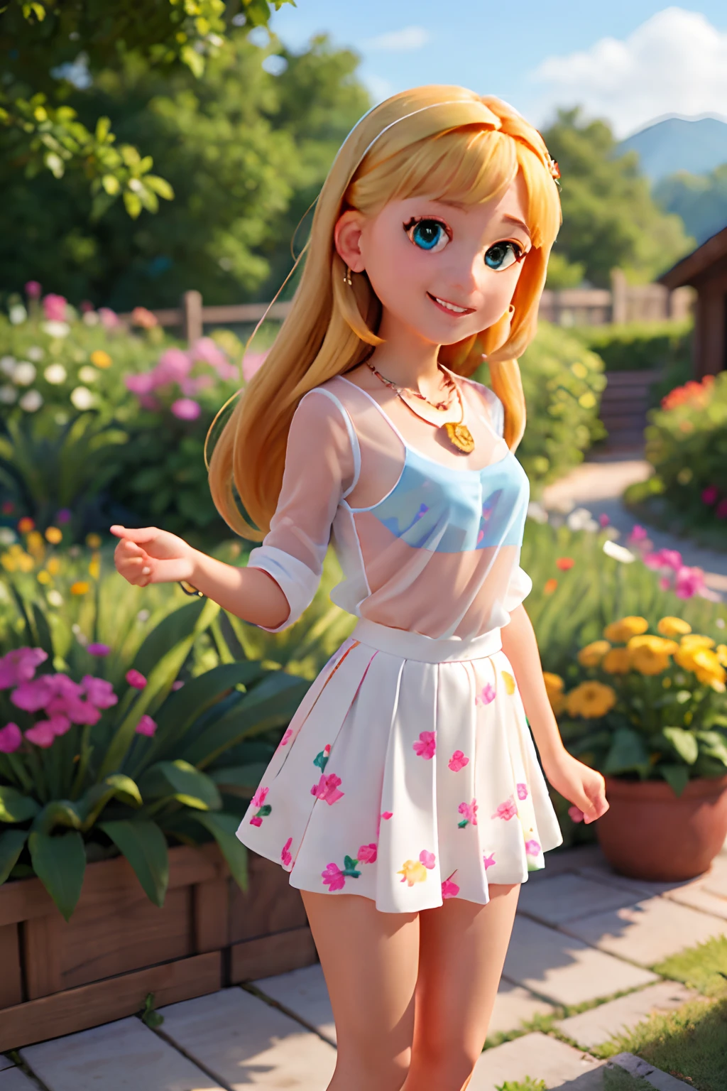 1girl, a smile, a miniskirt, Transparent shirt, a necklace, jewely, florals, plein air, the most beautiful image ever seen, realisitic, UHD, RAW, foco nítido, Photorealsitic, top-quality, small tits, 超A high resolution, ​masterpiece